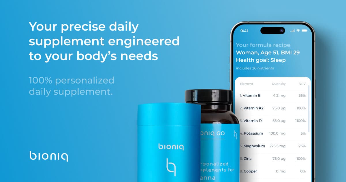Bioniq personalized supplements with mobile app showing custom formula